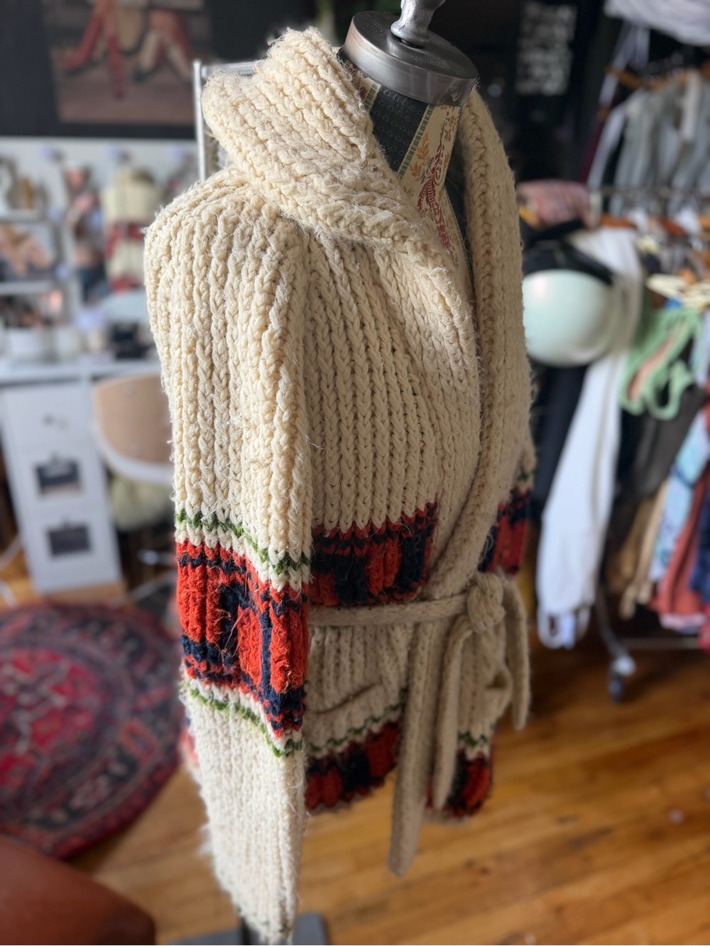 Chunky Cream Shawl Collar Cardigan with Red Accent